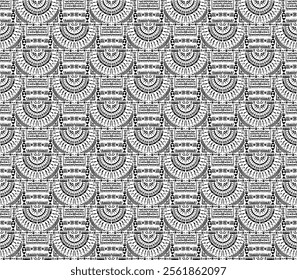 Tribal vector ornament. Seamless African pattern. Ethnic carpet with circle, wave. Aztec style. Geometric mosaic on the tile, majolica. Ancient interior. Modern rug. Geo print on textile. Kente Cloth.