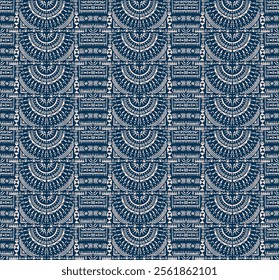 Tribal vector ornament. Seamless African pattern. Ethnic carpet with circle, wave. Aztec style. Geometric mosaic on the tile, majolica. Ancient interior. Modern rug. Geo print on textile. Kente Cloth.