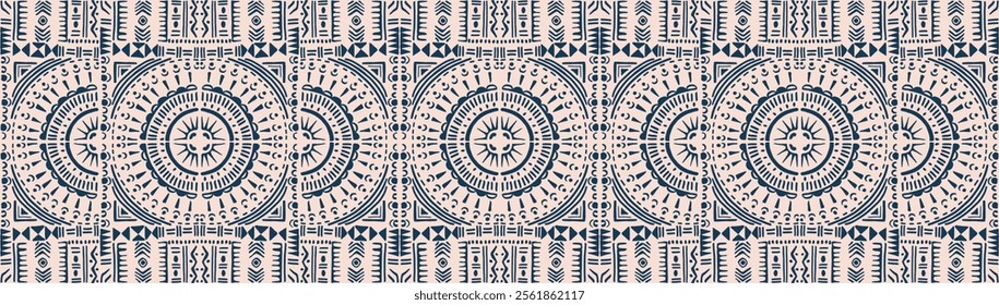 Tribal vector ornament. Seamless African pattern. Ethnic carpet with circle, wave. Aztec style. Geometric mosaic on the tile, majolica. Ancient interior. Modern rug. Geo print on textile. Kente Cloth.