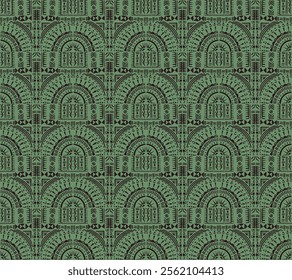 Tribal vector ornament. Seamless African pattern. Ethnic carpet with circle, wave. Aztec style. Geometric mosaic on the tile, majolica. Ancient interior. Modern rug. Geo print on textile. Kente Cloth.