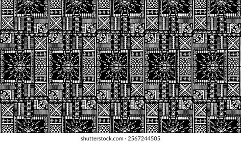 Tribal vector ornament. Seamless African pattern. Ethnic carpet with chevrons. Aztec style. Geometric mosaic on the tile, majolica. Ancient interior. Modern rug. Geo print on textile. Kente Cloth.