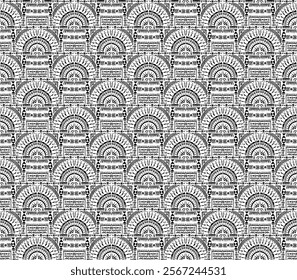 Tribal vector ornament. Seamless African pattern. Ethnic carpet with circle, wave. Aztec style. Geometric mosaic on the tile, majolica. Ancient interior. Modern rug. Geo print on textile. Kente Cloth.