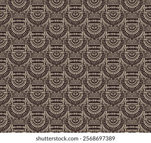 Tribal vector ornament. Seamless African pattern. Ethnic carpet with circle, wave. Aztec style. Geometric mosaic on the tile, majolica. Ancient interior. Modern rug. Geo print on textile. Kente Cloth.