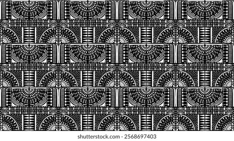 Tribal vector ornament. Seamless African pattern. Ethnic carpet with circle, wave. Aztec style. Geometric mosaic on the tile, majolica. Ancient interior. Modern rug. Geo print on textile. Kente Cloth.