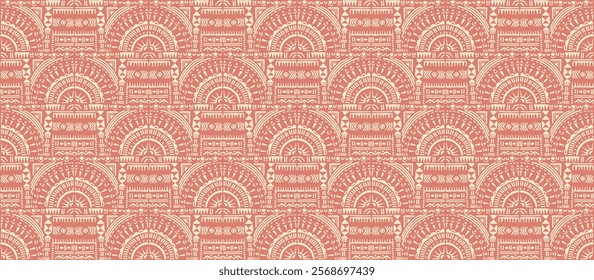 Tribal vector ornament. Seamless African pattern. Ethnic carpet with circle, wave. Aztec style. Geometric mosaic on the tile, majolica. Ancient interior. Modern rug. Geo print on textile. Kente Cloth.