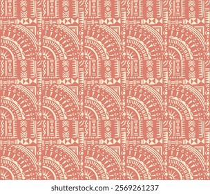 Tribal vector ornament. Seamless African pattern. Ethnic carpet with circle, wave. Aztec style. Geometric mosaic on the tile, majolica. Ancient interior. Modern rug. Geo print on textile. Kente Cloth.