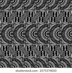 Tribal vector ornament. Seamless African pattern. Ethnic carpet with circle, wave. Aztec style. Geometric mosaic on the tile, majolica. Ancient interior. Modern rug. Geo print on textile. Kente Cloth.