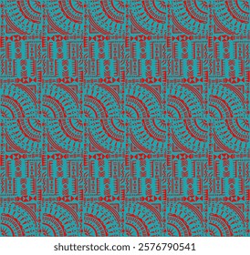 Tribal vector ornament. Seamless African pattern. Ethnic carpet with circle, wave. Aztec style. Geometric mosaic on the tile, majolica. Ancient interior. Modern rug. Geo print on textile. Kente Cloth.