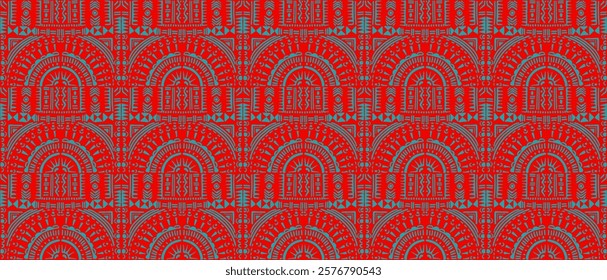 Tribal vector ornament. Seamless African pattern. Ethnic carpet with circle, wave. Aztec style. Geometric mosaic on the tile, majolica. Ancient interior. Modern rug. Geo print on textile. Kente Cloth.