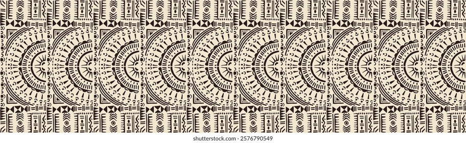 Tribal vector ornament. Seamless African pattern. Ethnic carpet with circle, wave. Aztec style. Geometric mosaic on the tile, majolica. Ancient interior. Modern rug. Geo print on textile. Kente Cloth.