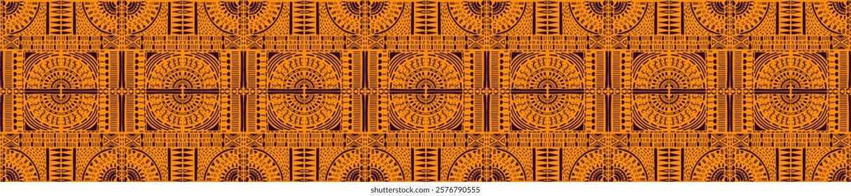 Tribal vector ornament. Seamless African pattern. Ethnic carpet with circle, wave. Aztec style. Geometric mosaic on the tile, majolica. Ancient interior. Modern rug. Geo print on textile. Kente Cloth.