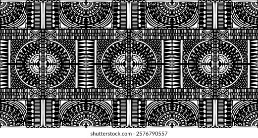 Tribal vector ornament. Seamless African pattern. Ethnic carpet with circle, wave. Aztec style. Geometric mosaic on the tile, majolica. Ancient interior. Modern rug. Geo print on textile. Kente Cloth.