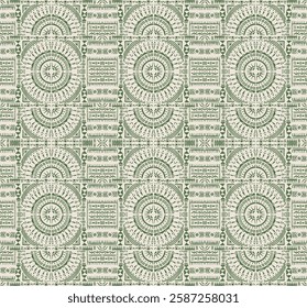 Tribal vector ornament. Seamless African pattern. Ethnic carpet with circle, wave. Aztec style. Geometric mosaic on the tile, majolica. Ancient interior. Modern rug. Geo print on textile. Kente Cloth.