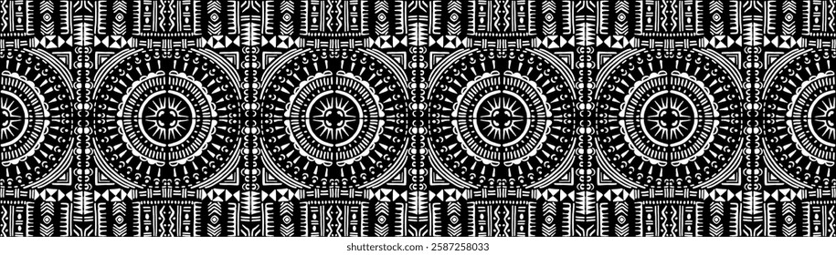 Tribal vector ornament. Seamless African pattern. Ethnic carpet with circle, wave. Aztec style. Geometric mosaic on the tile, majolica. Ancient interior. Modern rug. Geo print on textile. Kente Cloth.