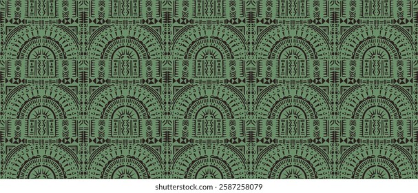 Tribal vector ornament. Seamless African pattern. Ethnic carpet with circle, wave. Aztec style. Geometric mosaic on the tile, majolica. Ancient interior. Modern rug. Geo print on textile. Kente Cloth.