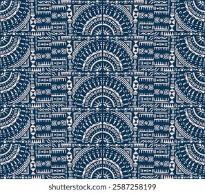 Tribal vector ornament. Seamless African pattern. Ethnic carpet with circle, wave. Aztec style. Geometric mosaic on the tile, majolica. Ancient interior. Modern rug. Geo print on textile. Kente Cloth.