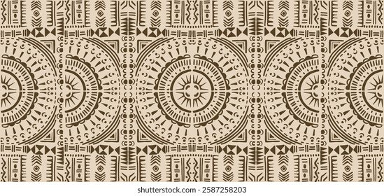 Tribal vector ornament. Seamless African pattern. Ethnic carpet with circle, wave. Aztec style. Geometric mosaic on the tile, majolica. Ancient interior. Modern rug. Geo print on textile. Kente Cloth.