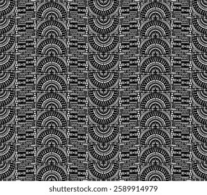 Tribal vector ornament. Seamless African pattern. Ethnic carpet with circle, wave. Aztec style. Geometric mosaic on the tile, majolica. Ancient interior. Modern rug. Geo print on textile. Kente Cloth.