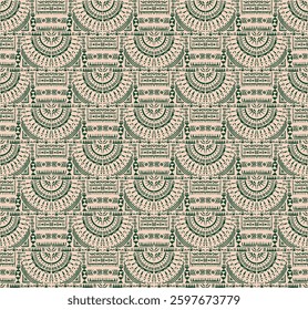 Tribal vector ornament. Seamless African pattern. Ethnic carpet with circle, wave. Aztec style. Geometric mosaic on the tile, majolica. Ancient interior. Modern rug. Geo print on textile. Kente Cloth.