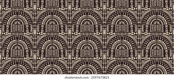Tribal vector ornament. Seamless African pattern. Ethnic carpet with circle, wave. Aztec style. Geometric mosaic on the tile, majolica. Ancient interior. Modern rug. Geo print on textile. Kente Cloth.