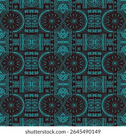 Tribal vector ornament. Seamless African pattern. Ethnic carpet with chevrons. Aztec style. Geometric mosaic on the tile, majolica. Ancient interior. Modern rug. Geo print on textile. Kente Cloth.