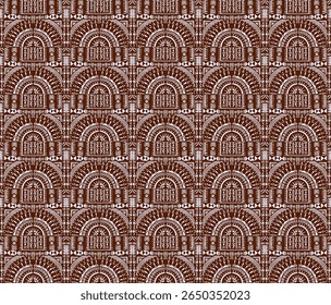 Tribal vector ornament. Seamless African pattern. Ethnic carpet with chevrons. Aztec style. Geometric mosaic on the tile, majolica. Ancient interior. Modern rug. Geo print on textile. Kente Cloth.