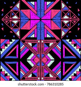 Tribal vector ornament. Seamless African pattern. Ethnic carpet with chevrons. Aztec style. Geometric mosaic on the tile, majolica.  Ancient interior. Modern rug. Geo print on textile. Vintage fabric.