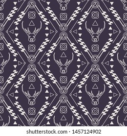 Tribal vector pattern. Ethnic seamless texture with geometric ornament and deer emblem