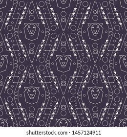 Tribal vector pattern. Ethnic seamless texture with geometric ornament and lion emblem