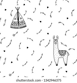 tribal vector pattern with wigwam and lama