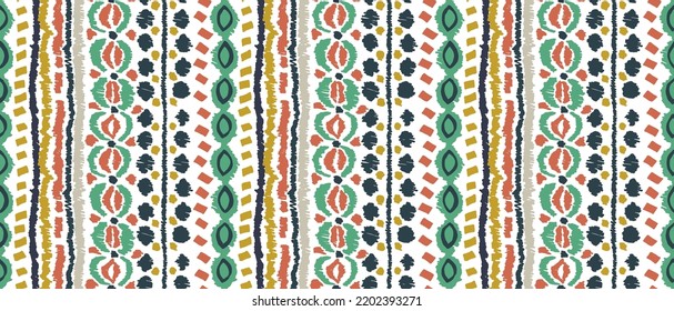 Vector tribal sin fisuras patrón Navajo. Trajo mano de fondo abstracto. Ornamento de damasco geométrico. Frontera Ikat. bordado étnico con hojas y monogramas. Textura vectorial tribal. Patata de folclore sin mar
