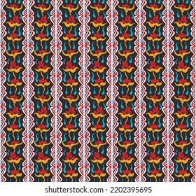 Vector tribal sin fisuras patrón Navajo. Trajo mano de fondo abstracto. Ornamento de damasco geométrico. Frontera Ikat. bordado étnico con hojas y monogramas. Textura vectorial tribal. Patata de folclore sin mar
