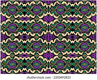 Tribal vector seamless Navajo pattern. Hand drawn abstract background. Geometric damascus ornament. Ikat border. Ethnic embroidery with leaves and monograms. Tribal vector texture. Seamless folk patte