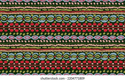 Vector tribal sin fisuras patrón Navajo. Trajo mano de fondo abstracto. Ornamento de damasco geométrico. Frontera Ikat. bordado étnico con hojas y monogramas. Textura vectorial tribal. Patata de folclore sin mar