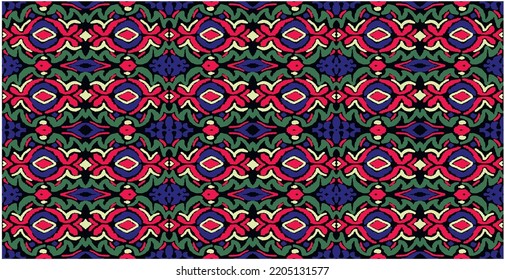 Stamm Vektor nahtlose Navajo Muster. Handgezeichnet abstrakter Hintergrund. Geometrisches Damaskus-Ornament. Ikat Grenze. Ethnische Stickerei mit Blättern und Monogrammen. Stammesvektorstruktur. Nahtlose Volkspartei