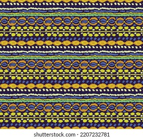 Vector tribal sin fisuras patrón Navajo. Trajo mano de fondo abstracto. Ornamento de damasco geométrico. Frontera Ikat. bordado étnico con hojas y monogramas. Textura vectorial tribal. Patata de folclore sin mar