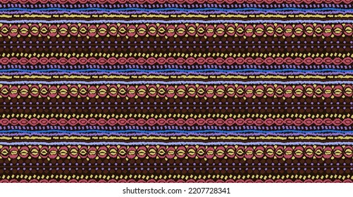 Stamm Vektor nahtlose Navajo Muster. Handgezeichnet abstrakter Hintergrund. Geometrisches Damaskus-Ornament. Ikat Grenze. Ethnische Stickerei mit Blättern und Monogrammen. Stammesvektorstruktur. Nahtlose Volkspartei