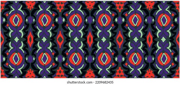 Tribal vector seamless Navajo pattern. Hand drawn abstract background. Geometric damascus ornament. Ikat border. Ethnic embroidery with leaves and monograms. Tribal vector texture. Seamless folk patte