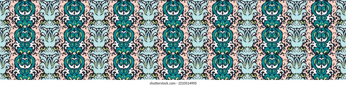 Vector tribal sin fisuras patrón Navajo. Trajo mano de fondo abstracto. Ornamento de damasco geométrico. Frontera Ikat. bordado étnico con hojas y monogramas. Textura vectorial tribal. Patata de folclore sin mar