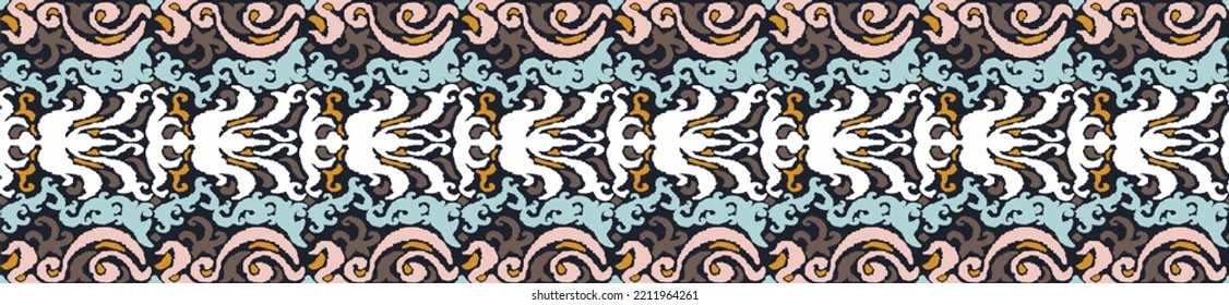 Tribal vector seamless Navajo pattern. Hand drawn abstract background. Geometric damascus ornament. Ikat border. Ethnic embroidery with leaves and monograms. Tribal vector texture. Seamless folk patte