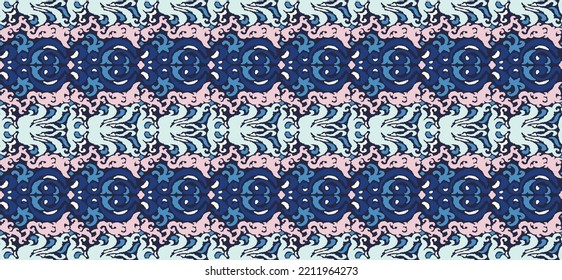 Tribal vector seamless Navajo pattern. Hand drawn abstract background. Geometric damascus ornament. Ikat border. Ethnic embroidery with leaves and monograms. Tribal vector texture. Seamless folk patte