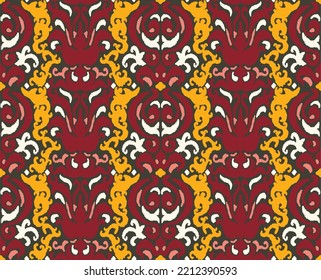 Vector tribal sin fisuras patrón Navajo. Trajo mano de fondo abstracto. Ornamento de damasco geométrico. Frontera Ikat. bordado étnico con hojas y monogramas. Textura vectorial tribal. Patata de folclore sin mar