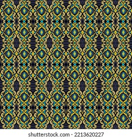 Tribal vector seamless Navajo pattern. Hand drawn abstract background. Geometric damascus ornament. Ikat border. Ethnic embroidery with leaves and monograms. Tribal vector texture. Seamless folk patte
