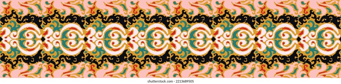 Tribal vector seamless Navajo pattern. Hand drawn abstract background. Geometric damascus ornament. Ikat border. Ethnic embroidery with leaves and monograms. Tribal vector texture. Seamless folk patte