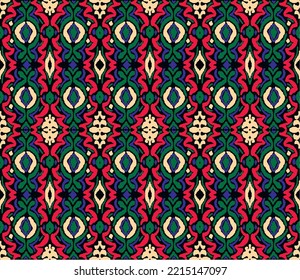 Vector tribal sin fisuras patrón Navajo. Trajo mano de fondo abstracto. Ornamento de damasco geométrico. Frontera Ikat. bordado étnico con hojas y monogramas. Textura vectorial tribal. Patata de folclore sin mar
