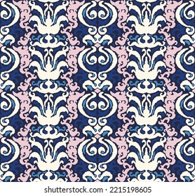 Stamm Vektor nahtlose Navajo Muster. Handgezeichnet abstrakter Hintergrund. Geometrisches Damaskus-Ornament. Ikat Grenze. Ethnische Stickerei mit Blättern und Monogrammen. Stammesvektorstruktur. Nahtlose Volkspartei