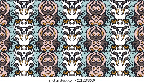Tribal vector seamless Navajo pattern. Hand drawn abstract background. Geometric damascus ornament. Ikat border. Ethnic embroidery with leaves and monograms. Tribal vector texture. Seamless folk patte