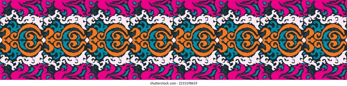 Tribal vector seamless Navajo pattern. Hand drawn abstract background. Geometric damascus ornament. Ikat border. Ethnic embroidery with leaves and monograms. Tribal vector texture. Seamless folk patte