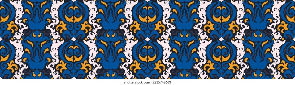 Tribal vector seamless Navajo pattern. Hand drawn abstract background. Geometric damascus ornament. Ikat border. Ethnic embroidery with leaves and monograms. Tribal vector texture. Seamless folk patte