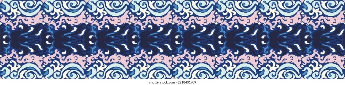 Tribal vector seamless Navajo pattern. Hand drawn abstract background. Geometric damascus ornament. Ikat border. Ethnic embroidery with leaves and monograms. Tribal vector texture. Seamless folk patte